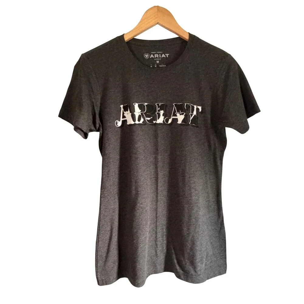 Ariat Womens Graphic T-Shirt Charcoal Gray Heather Logo Cow Print Top Medium
